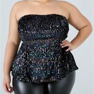 Haute Fox Multi Colored Sequin Strapless Black Top Velvet Back Stretch 1X